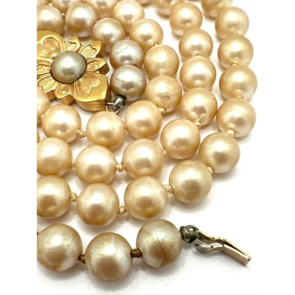 Vintage Faux Pearl Necklace Pale Gold Glass Bead Floral Clasp Statement 28